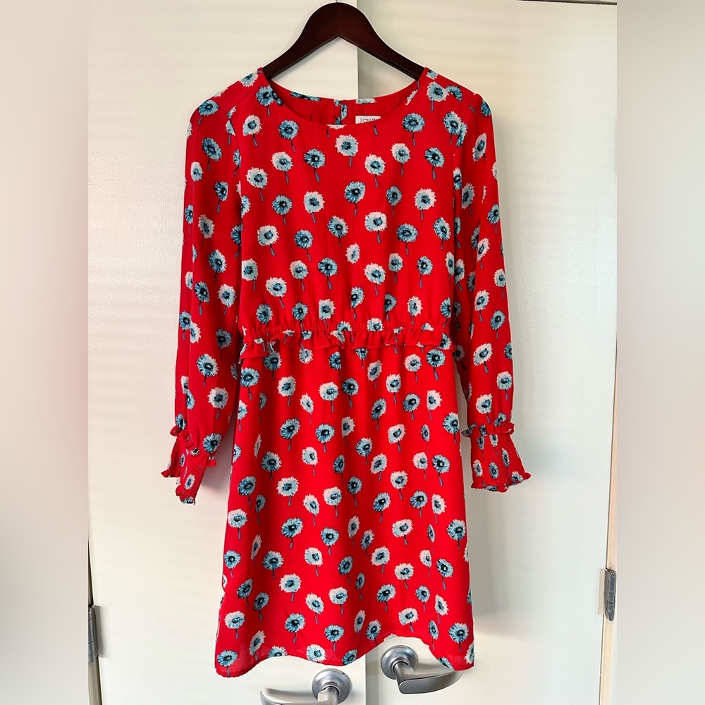 J. Crew Red Floral Print Long-Sleeve Dress